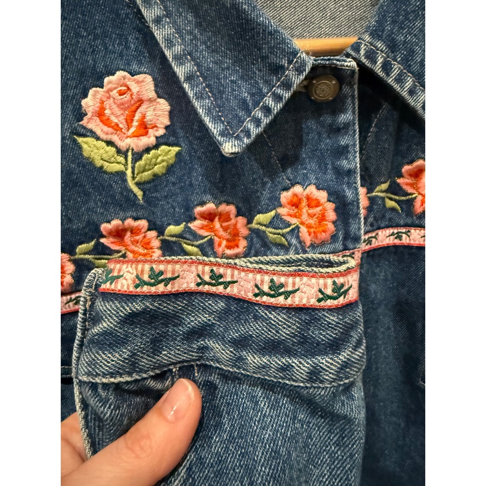 Vintage Bill Blass Womens Jeans Denim Jacket Embroidered Roses Pink Trim Size L - Picture 3 of 8